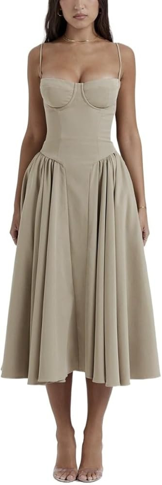 Milkmaid Dress Women Low Cut Solid Color Backless Spaghetti Strap Bodycon Big Skirt Fairy Corset ... | Amazon (US)