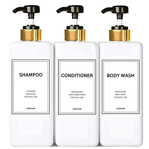 Modern Gold Shampoo and Conditioner Dispenser (21 oz, Pack of 3) Refillable Pump Bottle Set Empty Shower Plastic Bottles with Pump for Bathroom Body Wash Soap and Shower, 3 Types Waterproof Labels | Amazon (US)