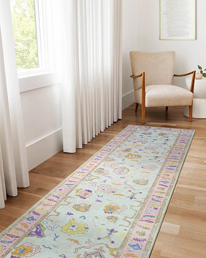 Modern Oushak Rug, Pink Bordered Vintage Turkish Pastel Colorful Oriental Inspired Area Rugs, Lux... | Amazon (US)