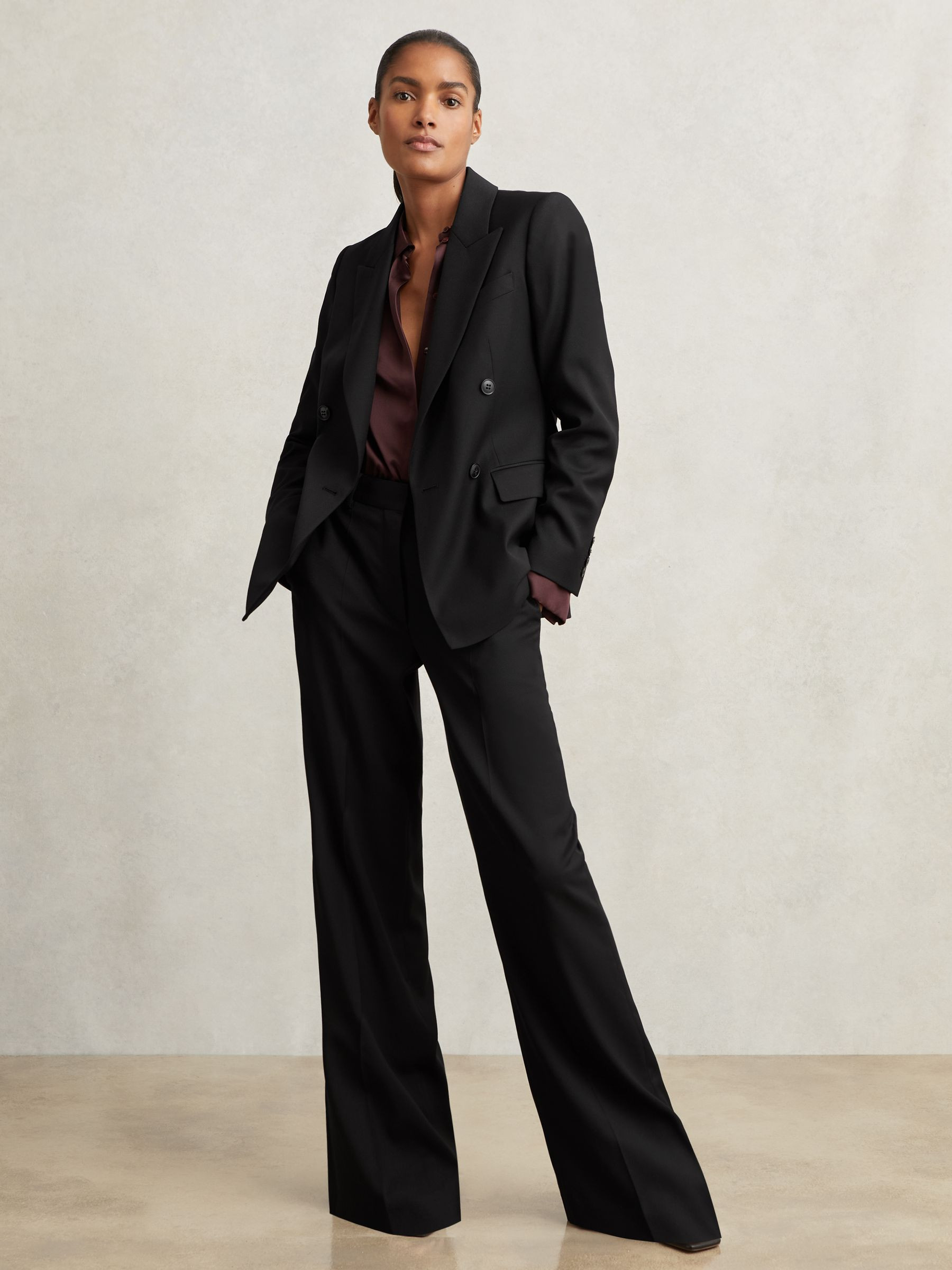 Wool-Blend Wide-Leg Suit Trousers in Black | Reiss US