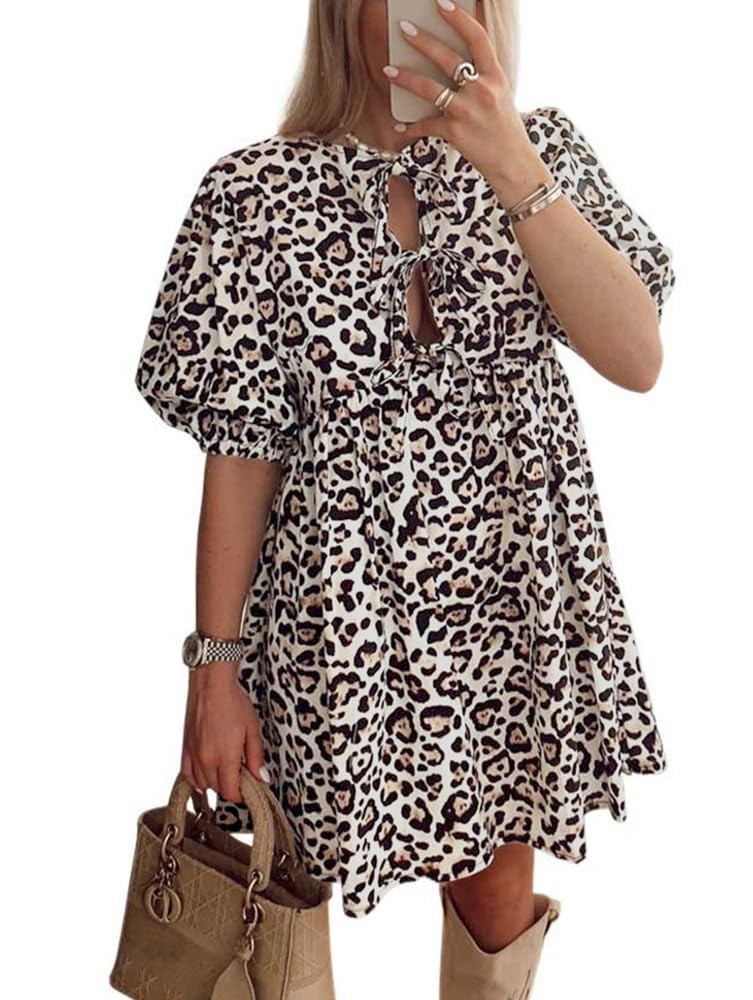Women Casual Summer Puff Sleeve Mini Dress Bow Tie Front Y2K Babydoll Cut High Waist Peplum Dress | Amazon (US)