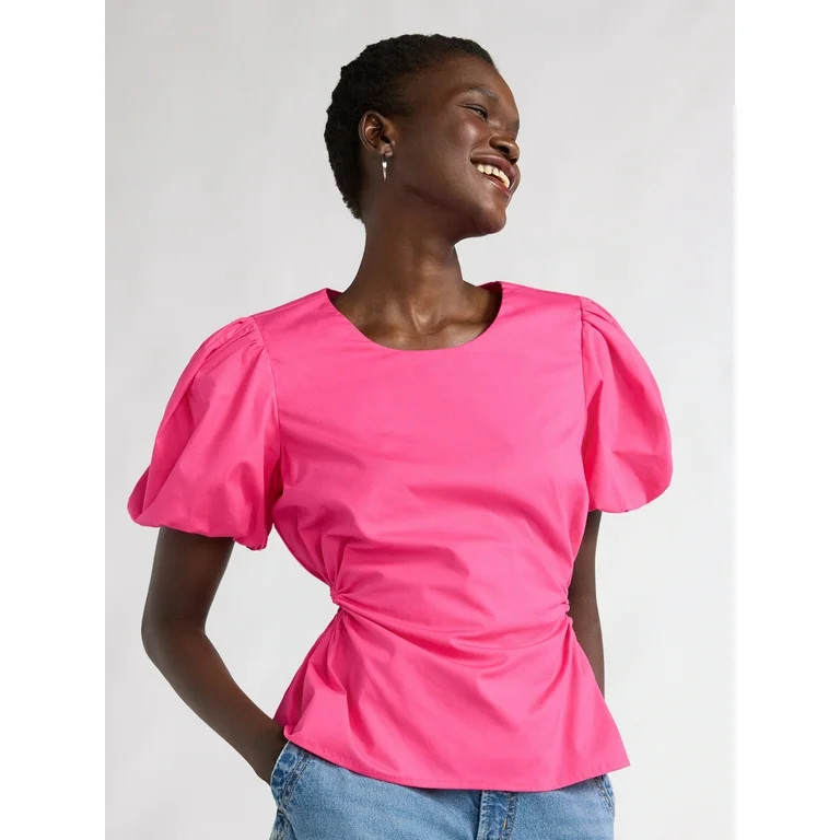 Scoop Women's Poplin Puff Sleeve Top with Cutouts, Sizes XS-XXL - Walmart.com | Walmart (US)