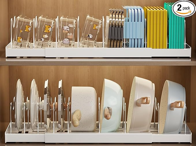 2 Pack Pots and Pans Organizer Under Cabinet, 22" Expandable Food Storage Container Lid Organizer... | Amazon (US)