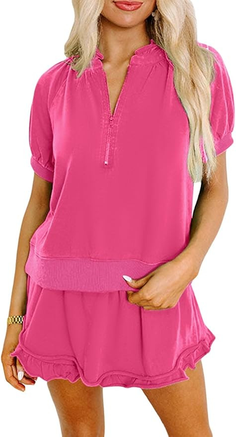 KevaMolly Women's 2 Piece Lounge Sets Casual Short Sleeve Outfits Half Zip Puff Sleeve Top and Ru... | Amazon (US)