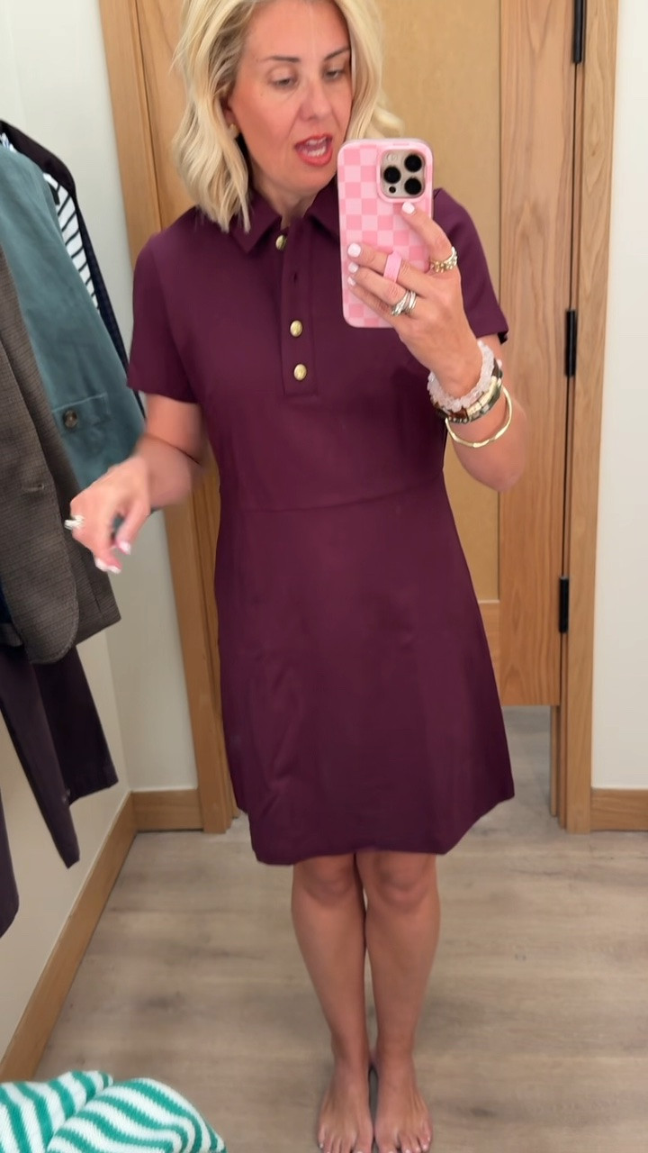 Wow… the quality of this dress is amazing. The gold buttons instantly elevate it! 
￼￼
Sizing:
Sweaters - 4 
Collared Dress - 2 
Midi Dress - 0
Pants & Jeans - 26P
Blazer - 2 
Green Jacket - small
Plaid Jacket - xs

#LTKdayinmylife #LTKmomlife #LTKOver40