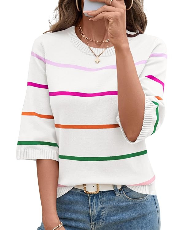 LOMON Womens Sweaters Casual Fall 2025 Crew Neck Striped 3/4 Sleeve Lightweight Knit Trendy Pullo... | Amazon (US)