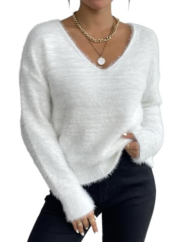 MakeMeChic Women's Fuzzy Sweater V Neck Long Sleeve Drop Shoulder Pullover Sweater White Small | Amazon (US)