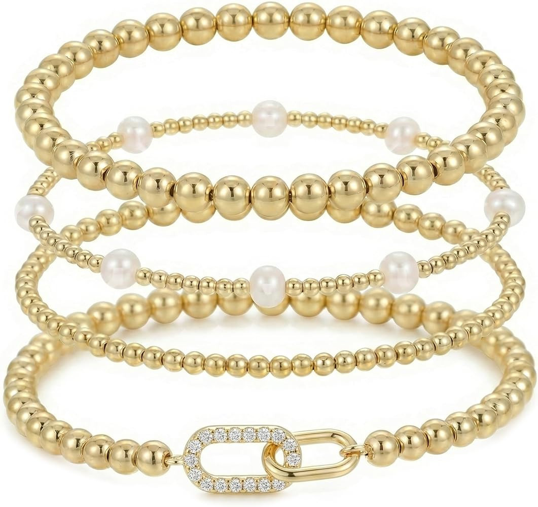 Gold Beaded Bow Heart Paperclip Pearl Stack Bracelet Set for Women, 4Pcs Handmade Golden Beads Pe... | Amazon (US)