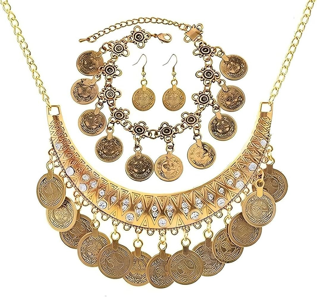3PC Bohemian Coin Necklace Bracelet Earrings Set Gypsy Women's Jewelry Pirate Costume Accessories... | Amazon (US)