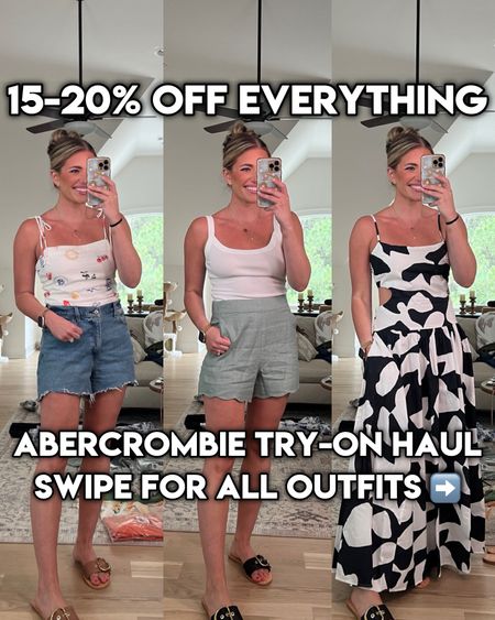 Abercrombie haul try-on! June 2024 
⭐️ all dresses 20% off (15% off almost everything else site-wide) AND ⭐️ extra 15%  off with code AFMORGAN 6/7-6/10 ⭐️ 

Sizing info: 
My measurements: 29” waist at smallest part, 40” hips at widest part, 36.5” at widest part of my chest/bust, I’m 5’5, true size 8, & 150lb
Sizes:
•TTS - size 29 in denim shorts & 29 reg in neutral stripe jeans 
•all tees, tanks, & tops TTS - M 
• all dresses, rompers, & skorts TTS - M regular length (I’m 5’5) 
•all swim TTS - M 


#LTKSeasonal #LTKSwim #LTKFindsUnder100