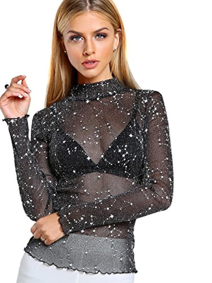 Floerns Women's Star Mesh See Through Mock Neck Long Sleeve Tops Tee | Amazon (US)