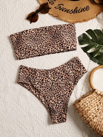 SHEIN Swim Summer Beach Leopard Bandeau High Waisted Bikini Set | SHEIN