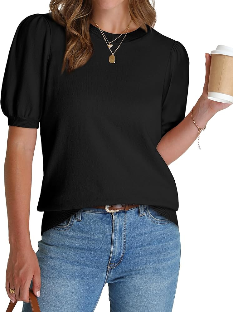 WIHOLL Women's Puff Short Sleeve Sweater 2026 Spring Summer Tops Trendy Business Causal Outfits W... | Amazon (US)