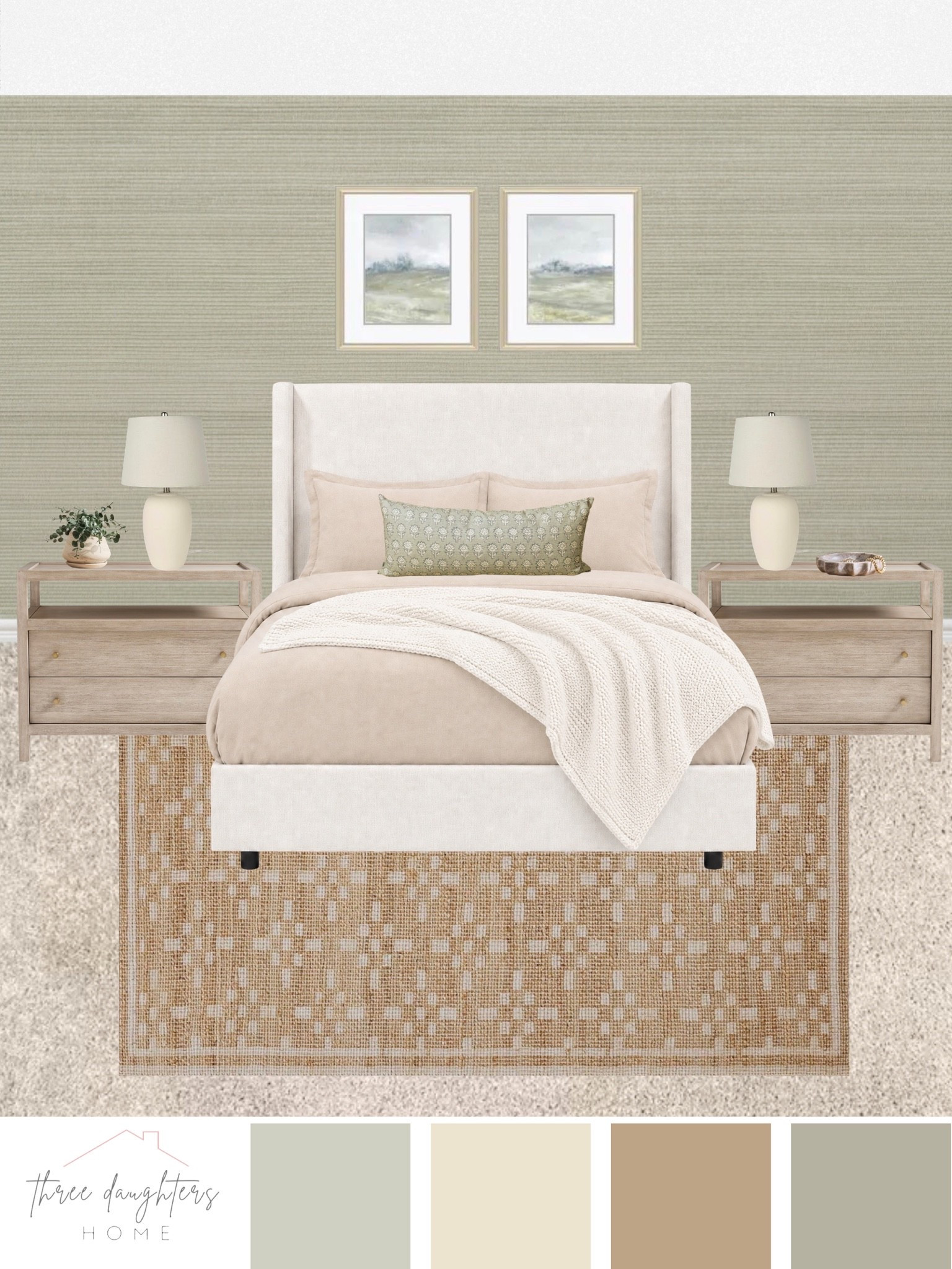 master bedroom design, tranquil bedroom, neutral bedroom, sage green, grass cloth wallpaper, new build master, neutral rug, upholstered bed, oak nightstands

#LTKHome #LTKSaleAlert