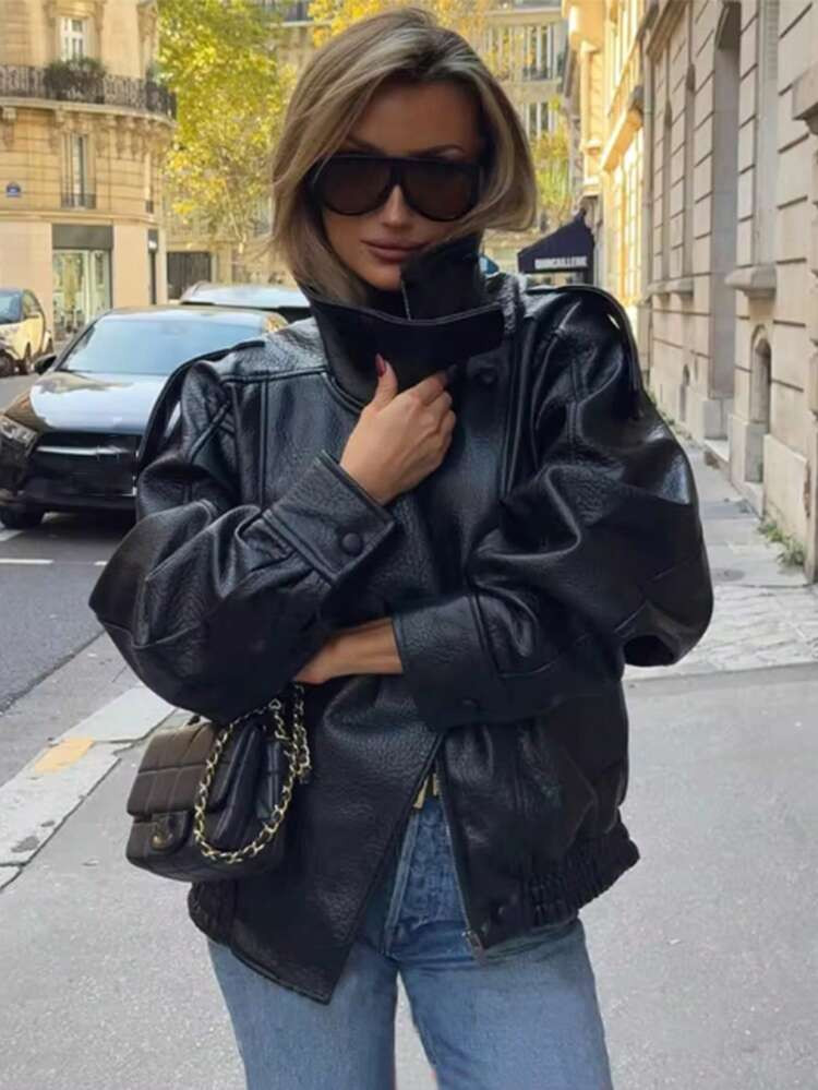 Women's Stand Collar PU Leather Jacket, Fashionable Elegant Long Sleeve Coat, Casual Zipper Design, Essential For Autumn/Winter | SHEIN