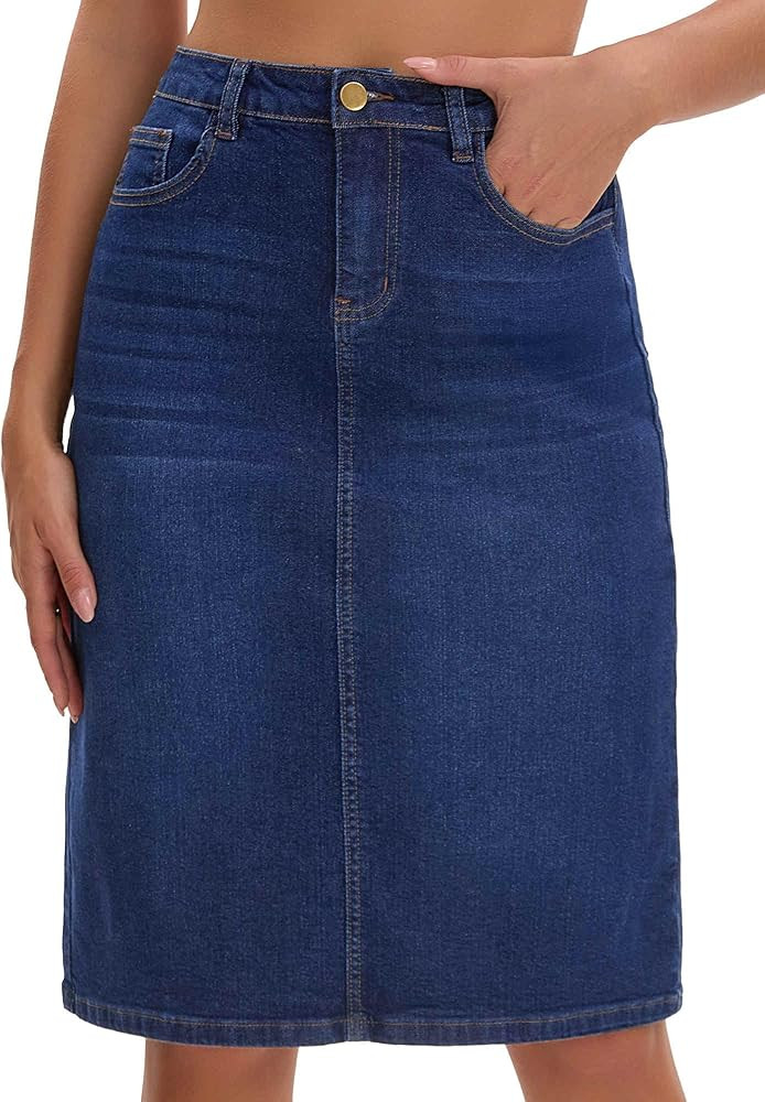 Women's Jean Skirt High Waist Back Slit Stretch Below Knee Length Denim Skirts | Amazon (US)