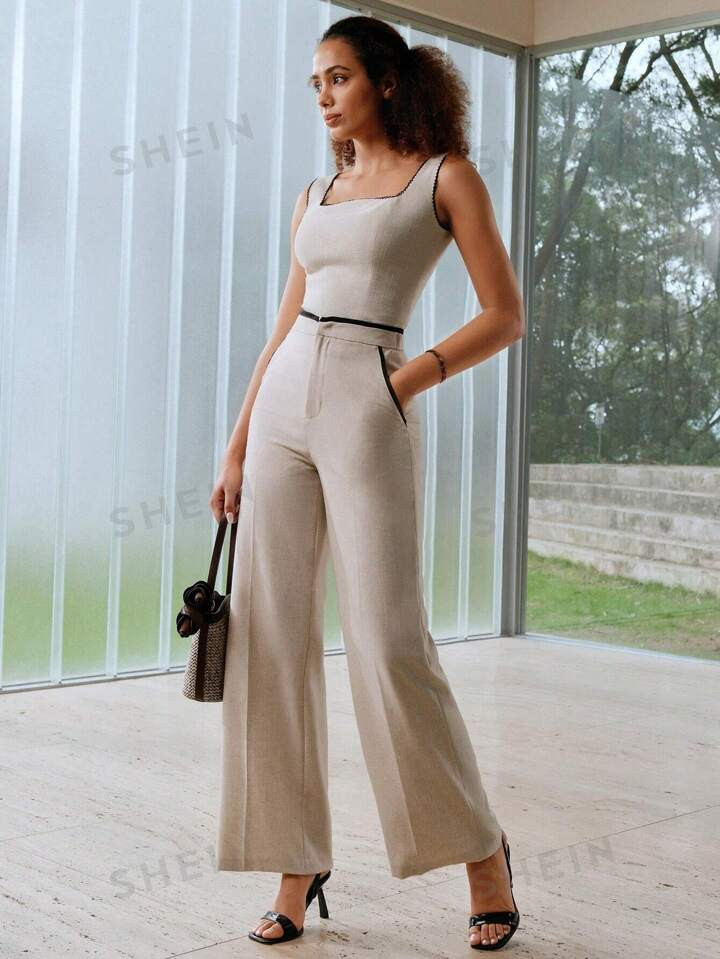 MOTF PREMIUM SOLID COLOR SEAM FRONT WIDE LEG SUIT PANTS | SHEIN | SHEIN