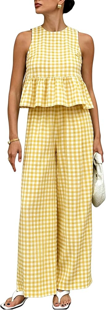 Tanming Women's 2 Piece Set Outfits Gingham Plaid Tank Tops Wide Leg Pants Matching Lounge Sets | Amazon (US)