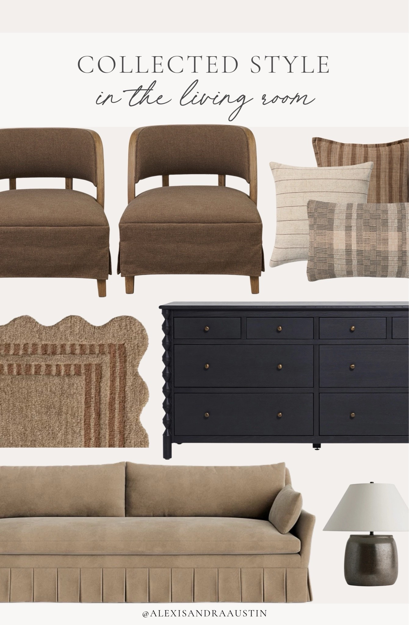 Living room refresh with all the dark and moody vibes! Loving these neutral brown tones to mix and match a variety of styles with all of my favorite quality finds.

Home finds, neutral home inspo, collected style, timeless home style, living room refresh, summer refresh, furniture favorites, neutral wood tones, dark and moody, cozy accent chair, cozy throw pillows, scalloped area rug, neutral rug runner, dresser details, upholstered sofa, moody table lamp, Amber Lewis, Loloi, Wayfair, Chris Loves Julia, Lulu and Georgia, Shoppe Amber Interiors, Perigold, Joon Loloi, shop the look!

#LTKSeasonal #LTKHome