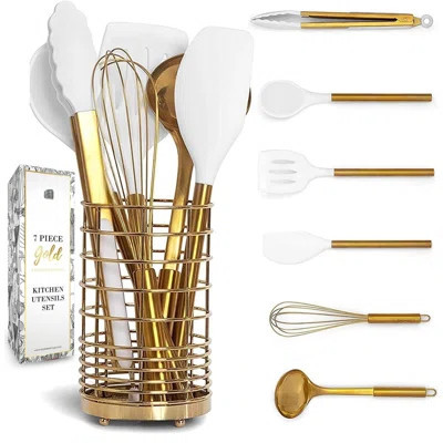 Gold Kitchen Utensils Set - 7PC Set Includes White Silicone And Gold Cooking Utensils And Gold Utensil Holder - White And Gold Kitchen Accessories | Wayfair North America