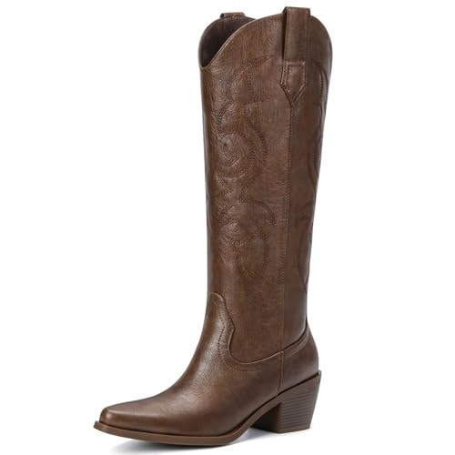 Platikly Brown Cowboy Boots for Women - Embroidered Western Cowgirl Boots, Wide Calf Knee High Tall Footwear, Almond Pointed Toe Chunky Heel Pull On Zipper Classic Retro Country Style US 9.5 | Amazon (US)