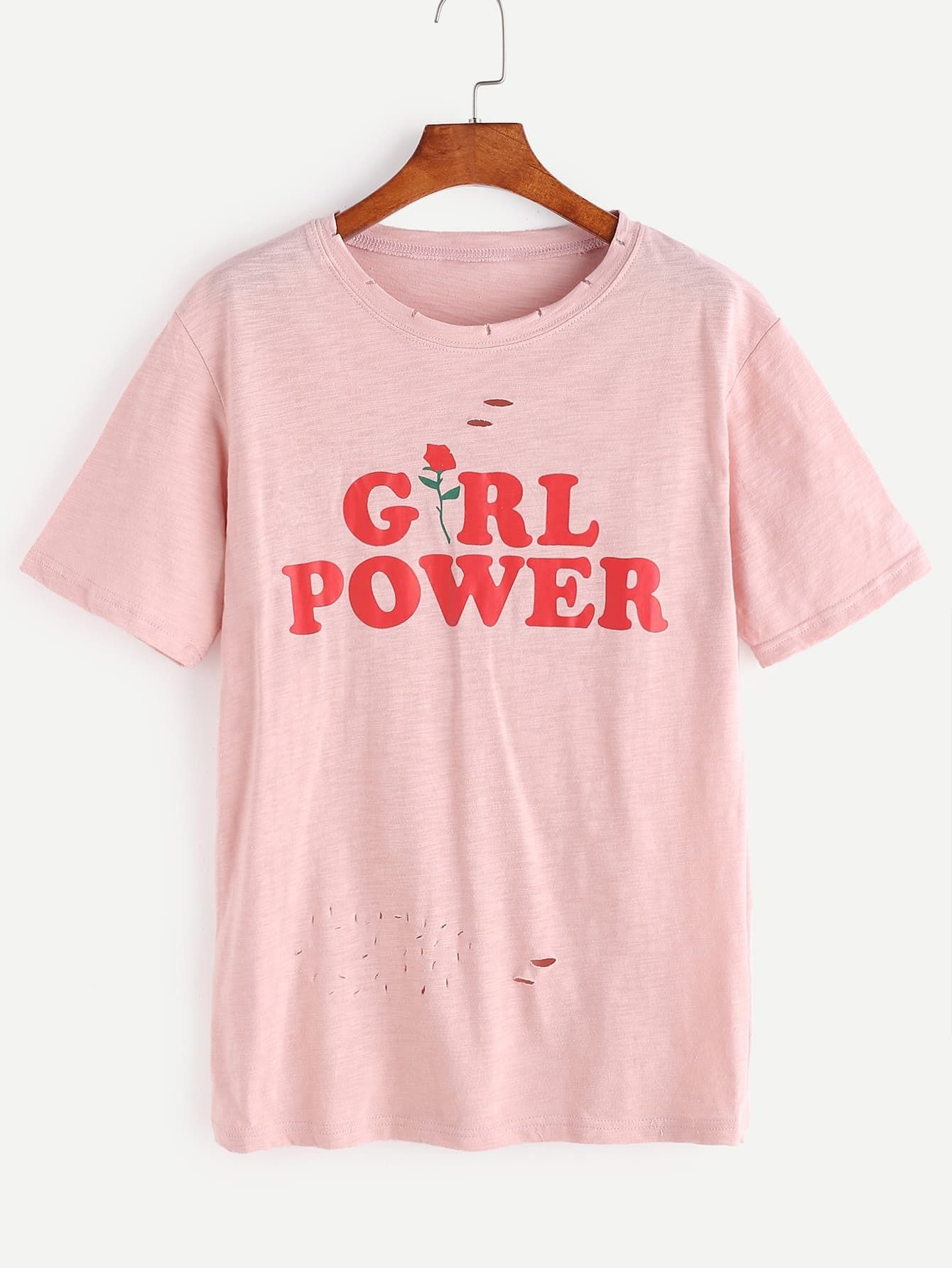 Pink Letter And Rose Print Ripped T-shirt | ROMWE
