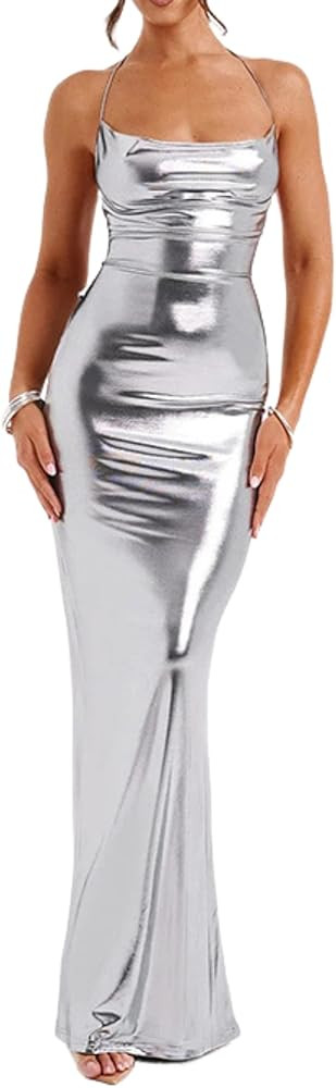 MINGSEECESS Women Metallic Bodycon Dress Spaghetti Strap Long Dress Sleeveless Club Cocktail Part... | Amazon (US)