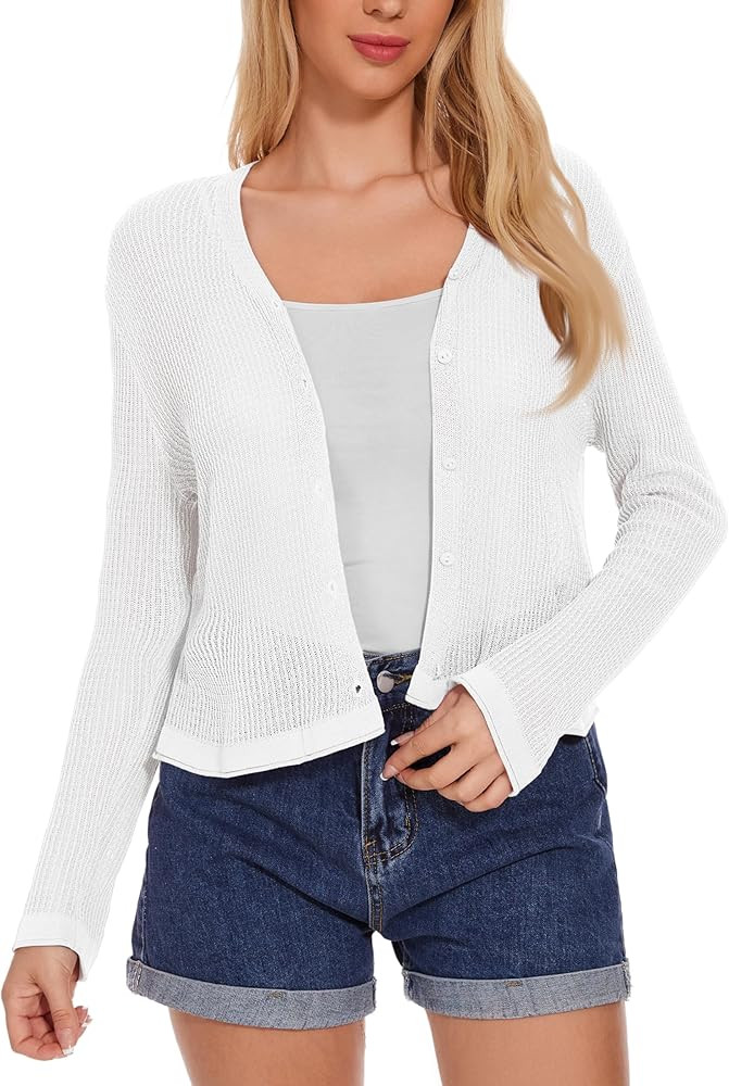 Women's Summer Lightweight V Neck Button Down Long Sleeve Cardigan Sweater | Amazon (US)