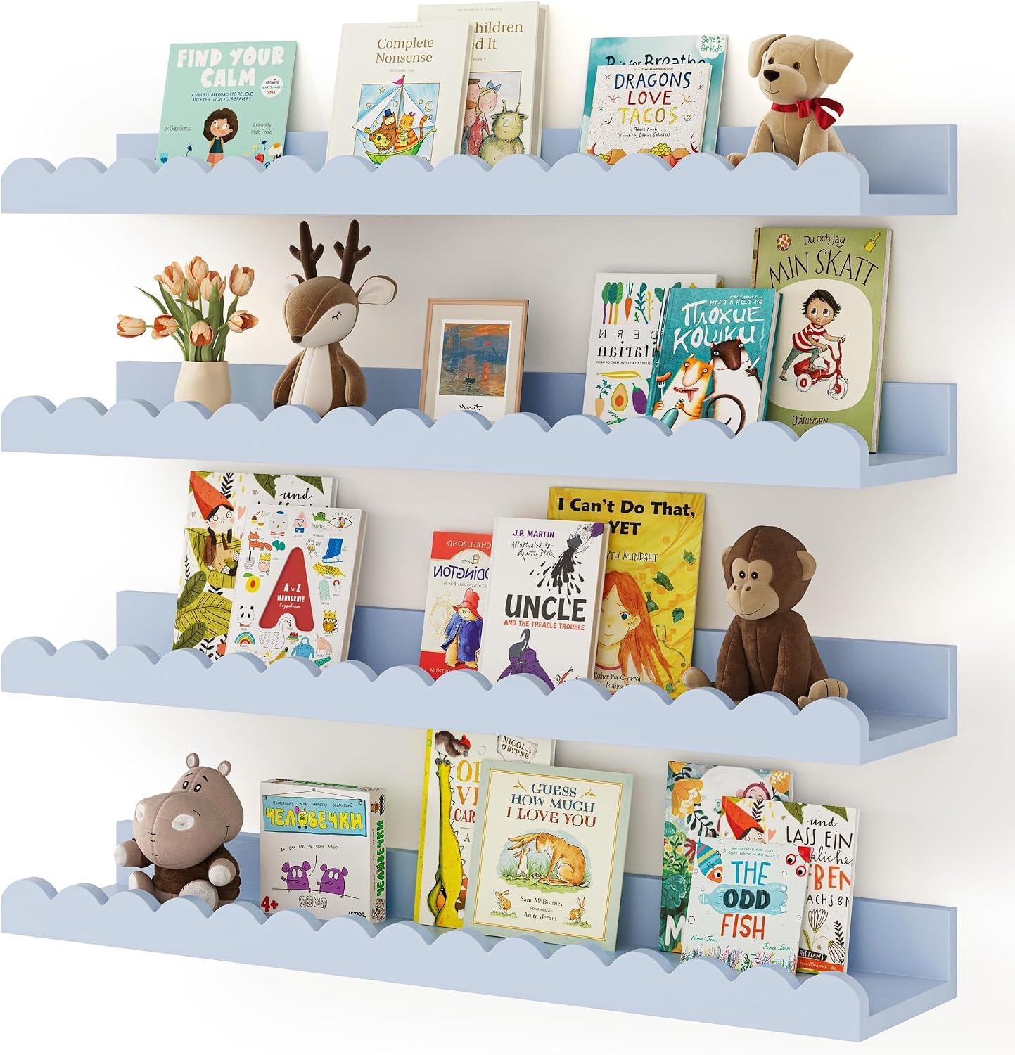 Shario Nursery Book Shelves, 4-Pack White Floating Shelves for Wall Kids, Scalloped Shelves, Wall Book Shelves for Bedroom Kids, Toddler Room, Baby Room, Nursery Decor(Blue, 23 Inches) | Amazon (US)