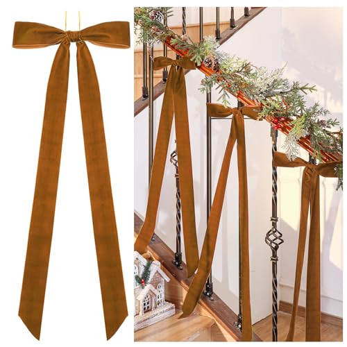 Yuxung 6 Pcs Large Velvet Christmas Wreath Bow 10'' x 33'' Burgundy Pre Tied Velvet Ribbon Bows Wired Christmas Tree Bow Topper for Xmas Garland Home Door Outdoor Decorations (Brown) | Amazon (US)