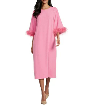 Emmeline Round Neckline Long Feather Sleeve Stretch Crepe Midi Dress | Dillard's