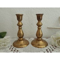 Vintage Gold Brass Taper Candle Holder Set Matching Candlestick Pair Mid Century Hollywood Regency Retro Boho Bungalow Home Decor Wedding | Etsy (US)
