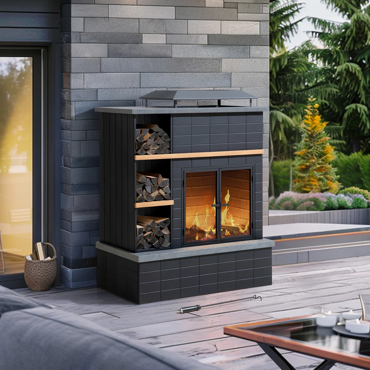Sunjoy 42 in. Wood Burning Fireplace, Steel Outdoor Fireplace with Chimney, Log Holders, Fire Pok... | Wayfair North America