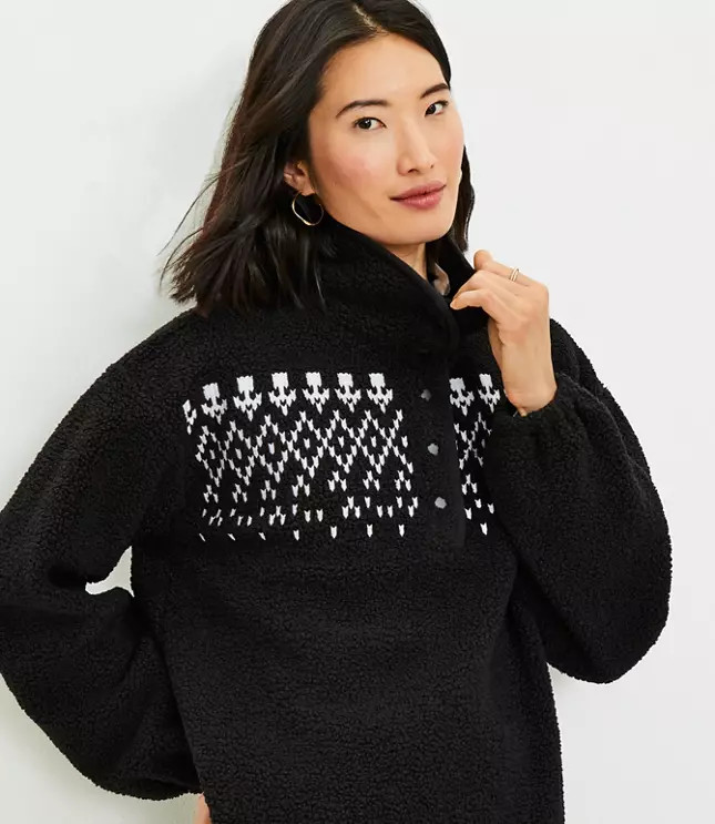 Fair Isle Sherpa Snap Collar Top | LOFT