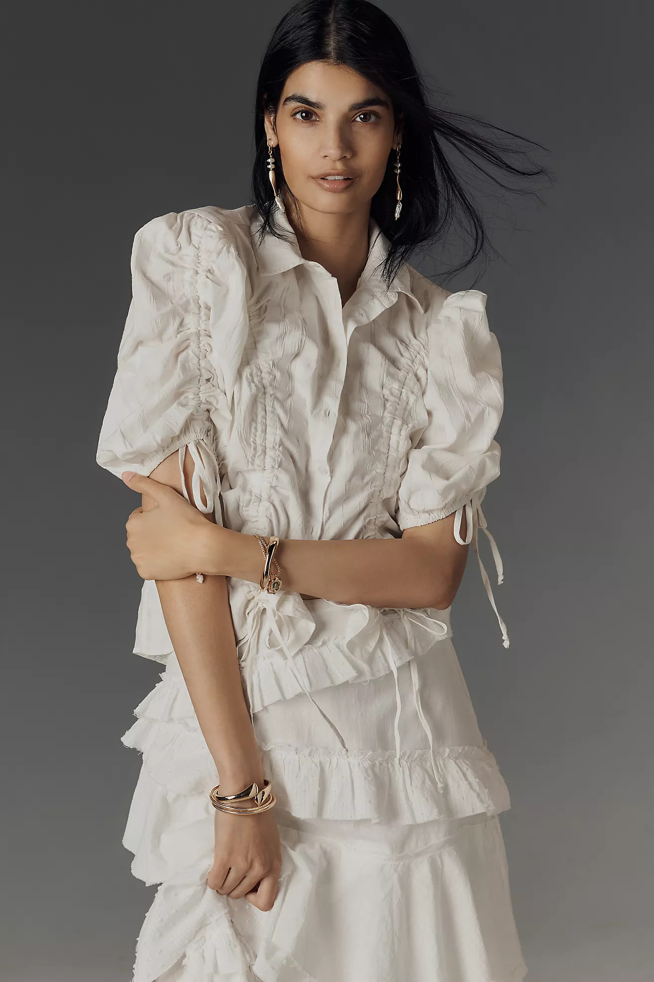 Maeve Drawstring Puff-Sleeve Button-Front Blouse | Anthropologie (US)