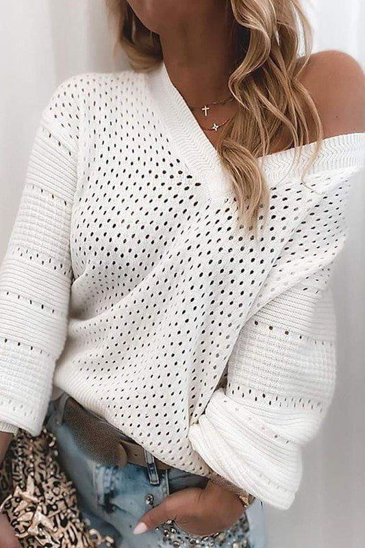 Hollow Out Long Sleeve Knit Sweater - White | Petal & Pup (US)