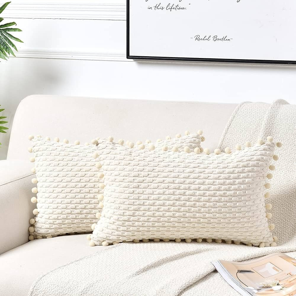Fancy Homi Set of 2 Cream Lumbar Decorative Throw Pillow Covers 12x20 Inch with Pom-poms for Couc... | Amazon (US)