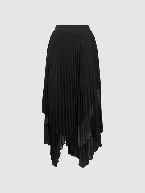 Reiss Black Dina Pleated Layered Asymmetric Midi Skirt | Reiss UK