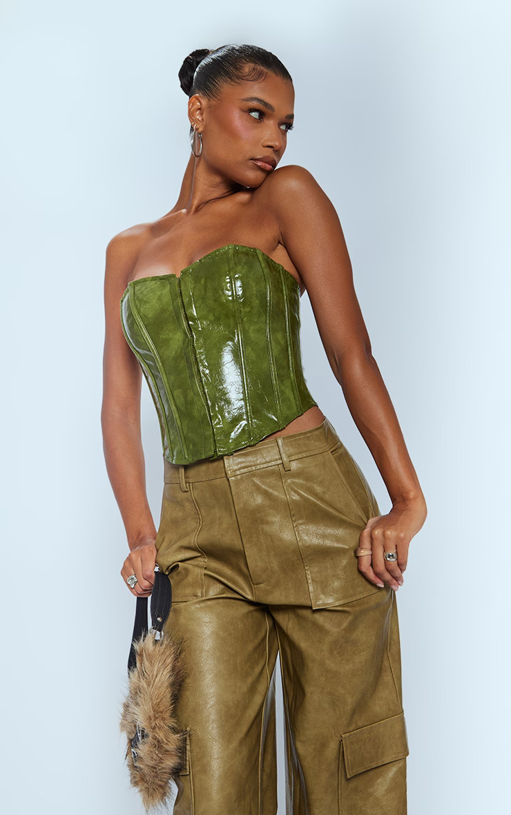 Green Washed Faux Leather Hook And Eye Structured Corset | PrettyLittleThing US