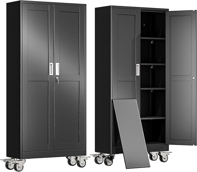 71" H Metal Garage Storage Cabinet, Rolling Tool Cabinet with 2 Doors and Wheels, Locker Steel Ca... | Amazon (US)