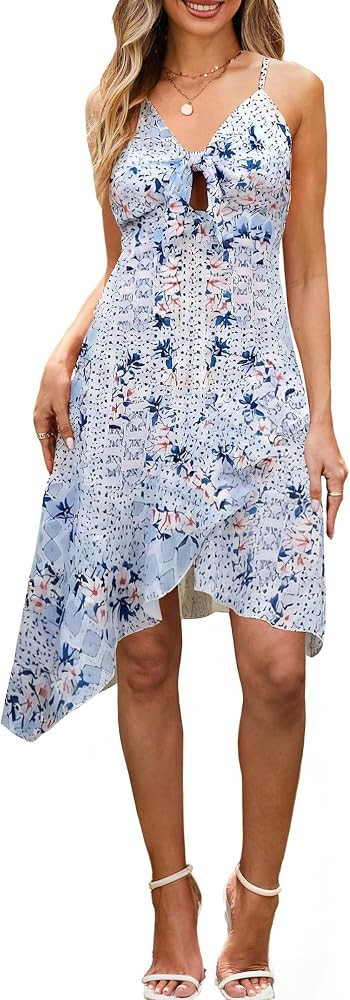ECOWISH Polka Dot Women Summer Dresses Casual Midi A Line Ruffle High Low Sleeveless Boho Floral ... | Amazon (US)