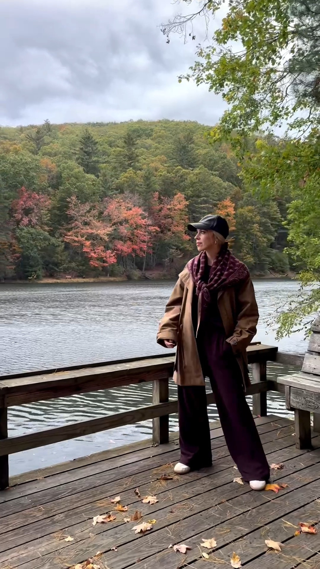 Fall travel look, fall mountain vacation, @Guest In Residence bandana scarf, burgundy outfit