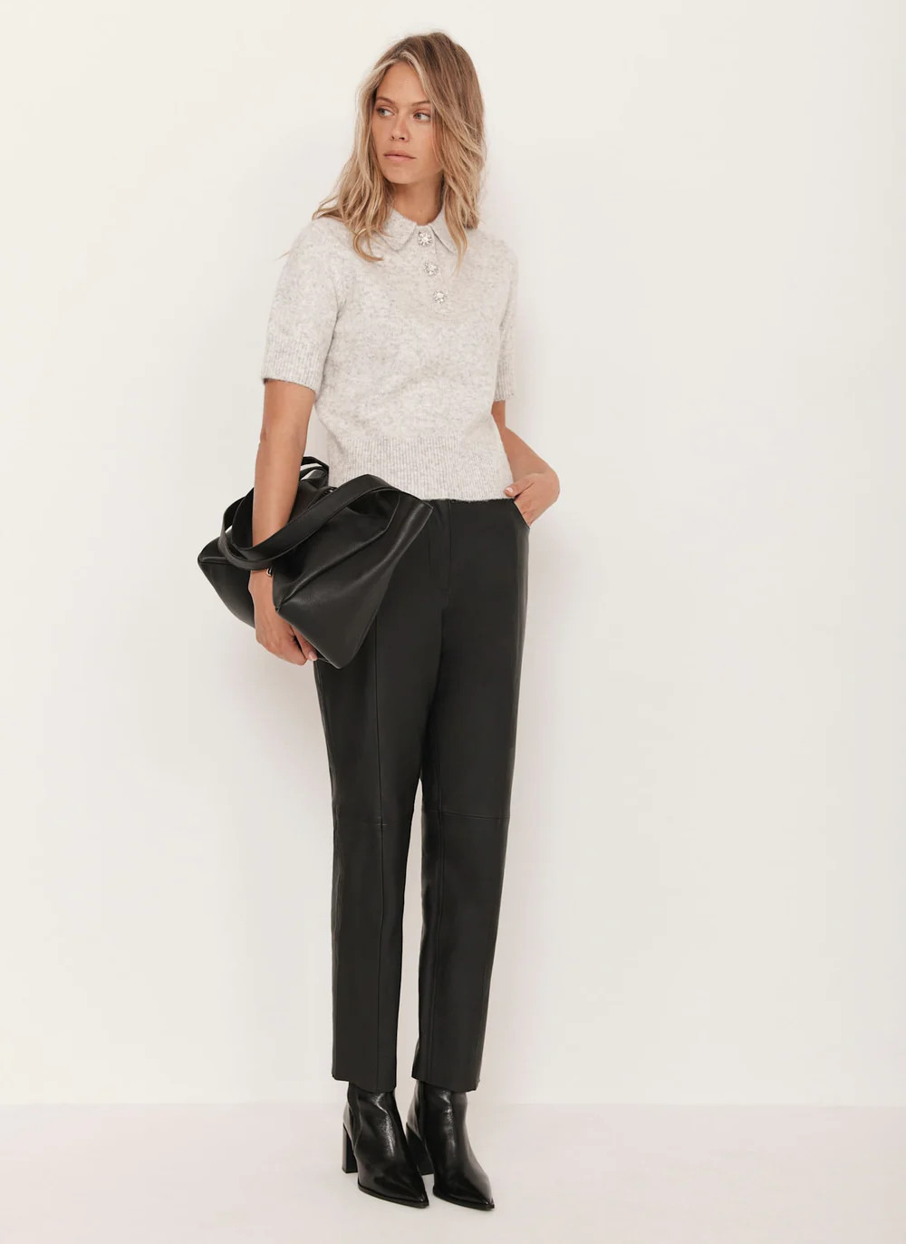 Black Leather Tapered Trousers | Mint Velvet