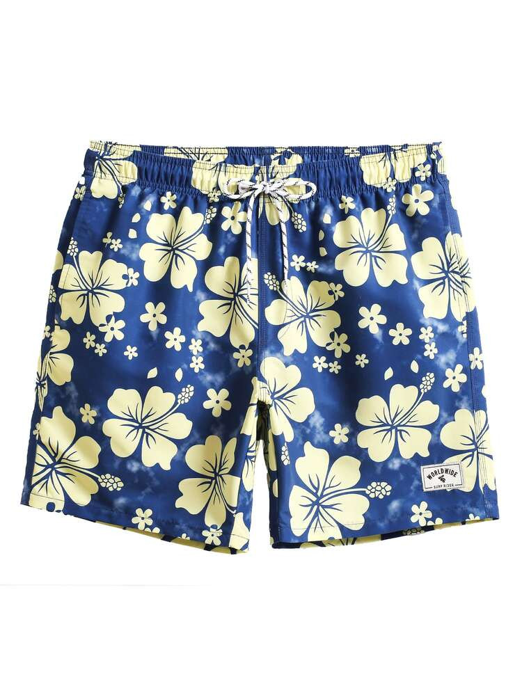 Men Floral Print Letter Patched Swim Trunks | SHEIN