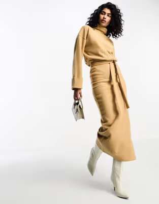 ASOS DESIGN super soft volume sleeve roll neck belted maxi jumper dress in camel | ASOS (Global)