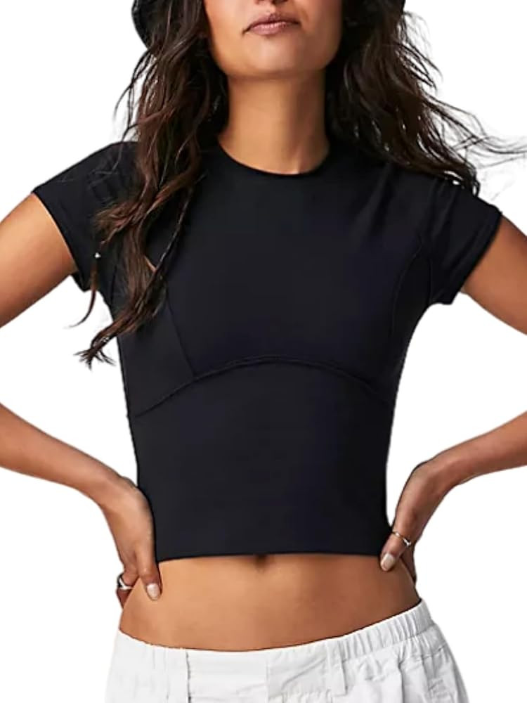 Women Short Sleeve Shirts Crewneck Slim Fitted Cute T Shirt Stretchy 2024 Summer Vintage Basic Te... | Amazon (US)