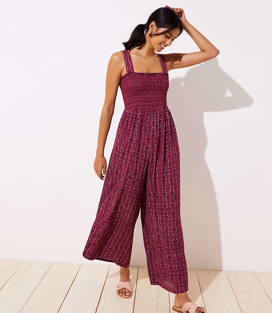 Petite Smocked Wide Leg Crop Jumpsuit | LOFT