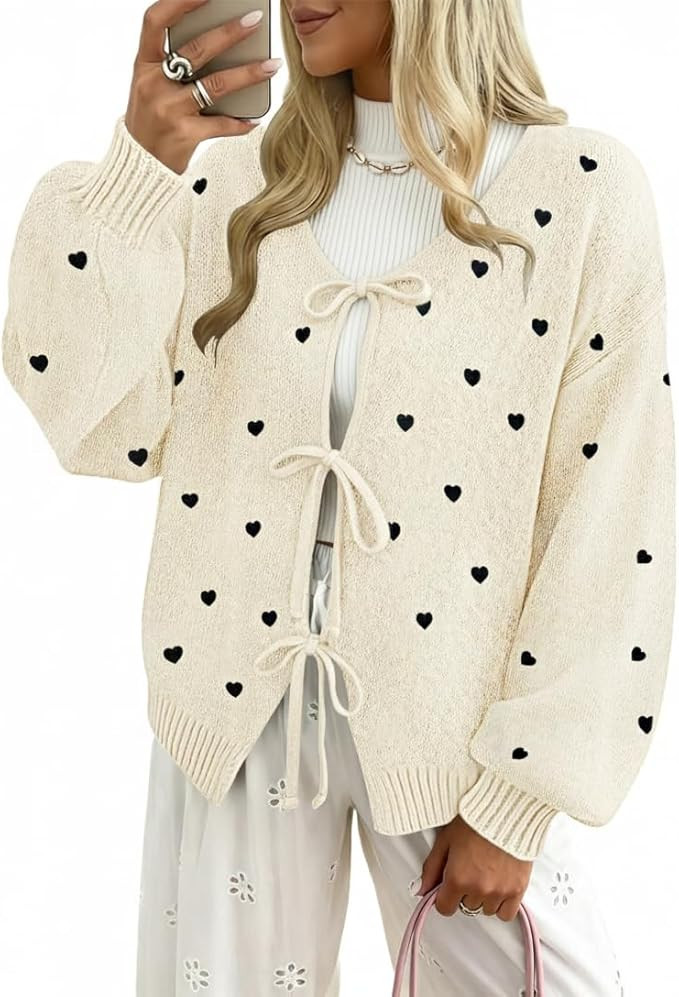Womens Bow Tie Front Cardigan Sweaters Long Puff Sleeve Cute Print Jacket Coats 2025 Trendy Fall ... | Amazon (US)