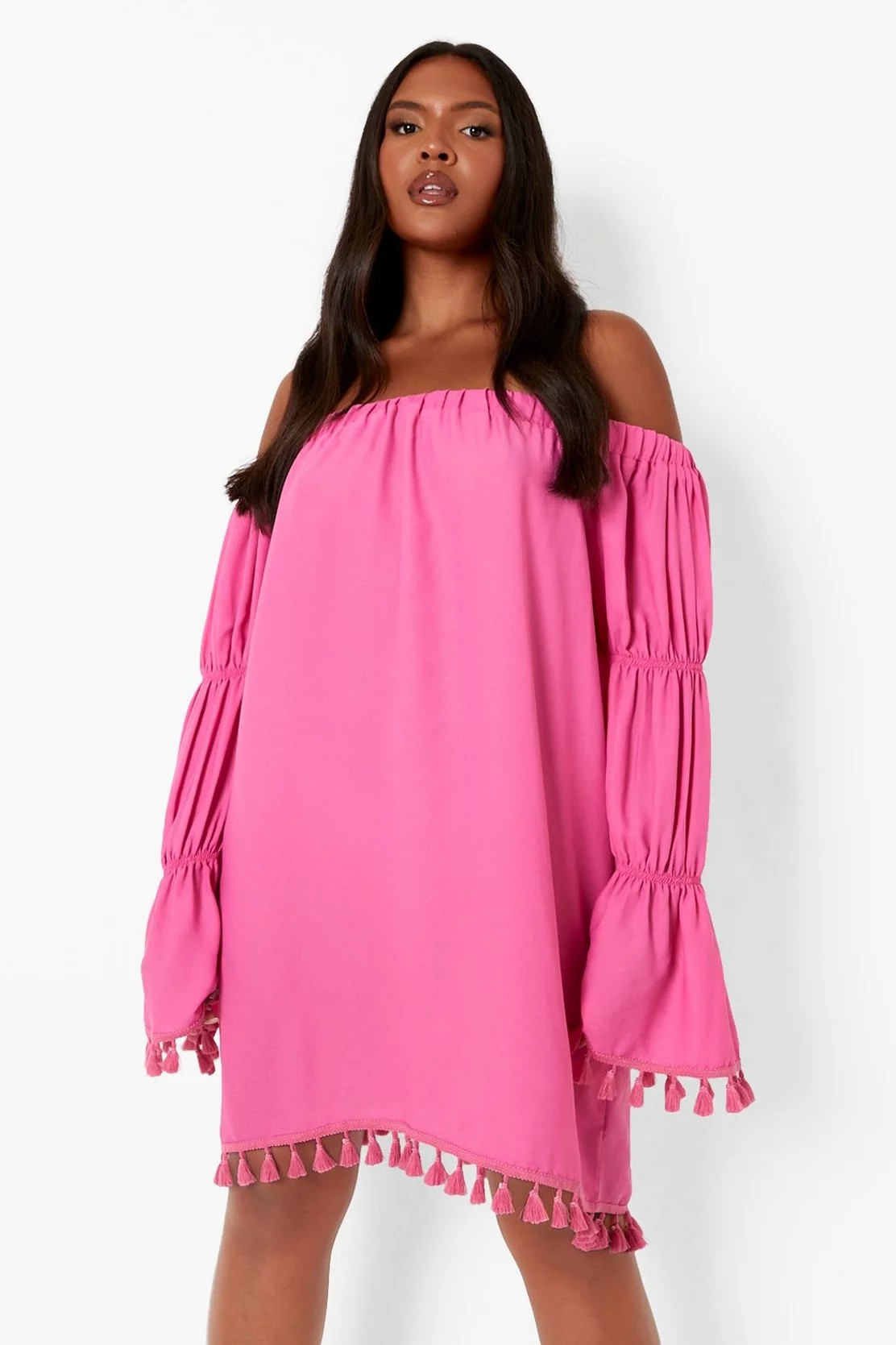 Plus Off The Shoulder Long Sleeve Tassel Shift Dress | Boohoo.com (US & CA)
