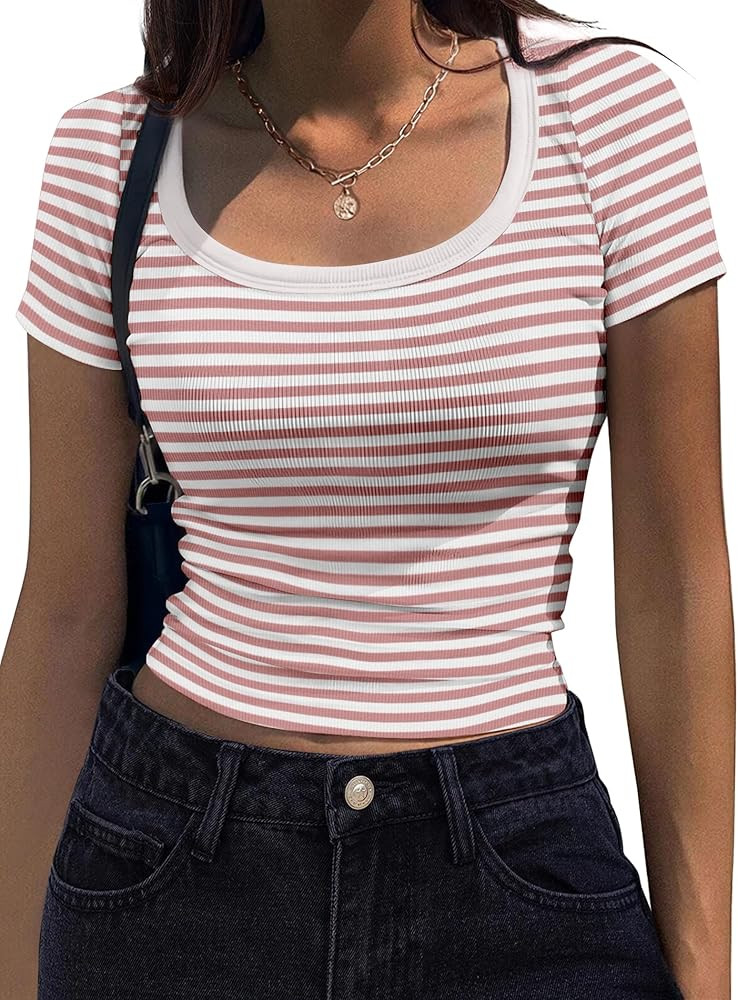 Zeagoo Women's Short Sleeve T Shirts Casual Summer Basic Scoop Neck Slim Fit Rib Knit Business Wo... | Amazon (US)
